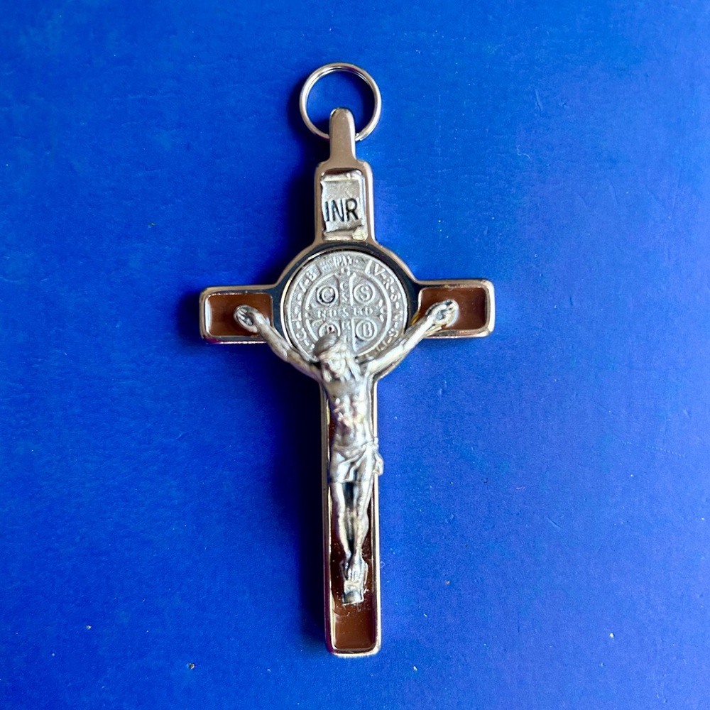 Saint Benedict Crucifix | Silver Tone With Brown Inlay 3" Vintage Gorgeous!